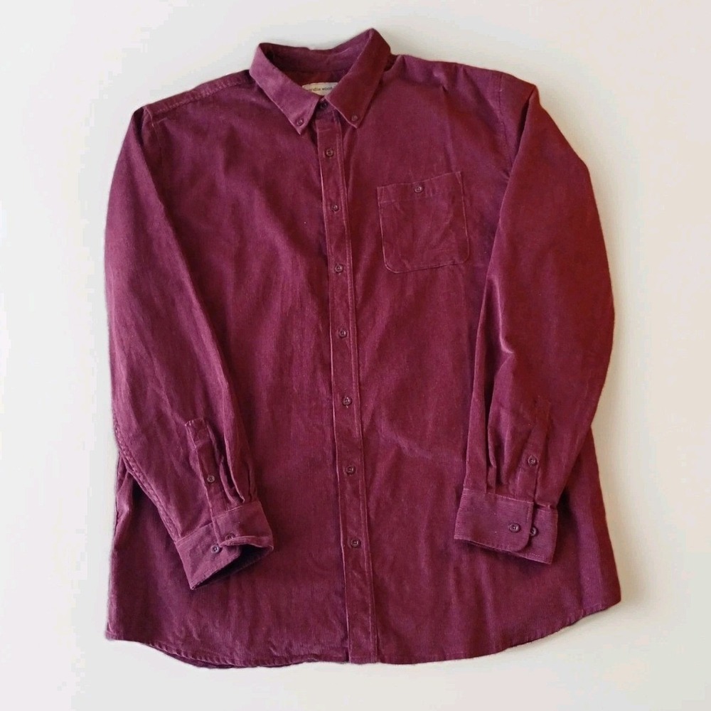 Men XL Tall Burgundy Textured Corduroy Button Down Cabin Shirt L/S Cotton Rugged